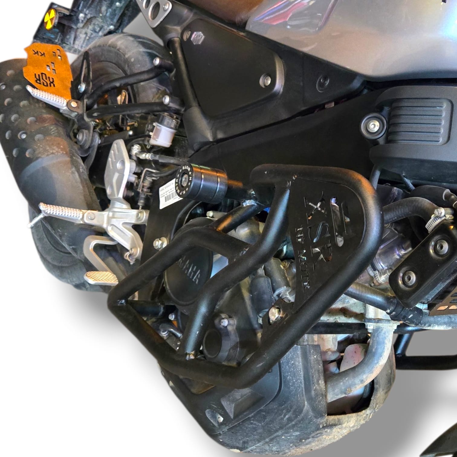 Crash guard installed on Yamaha XSR 155 bike