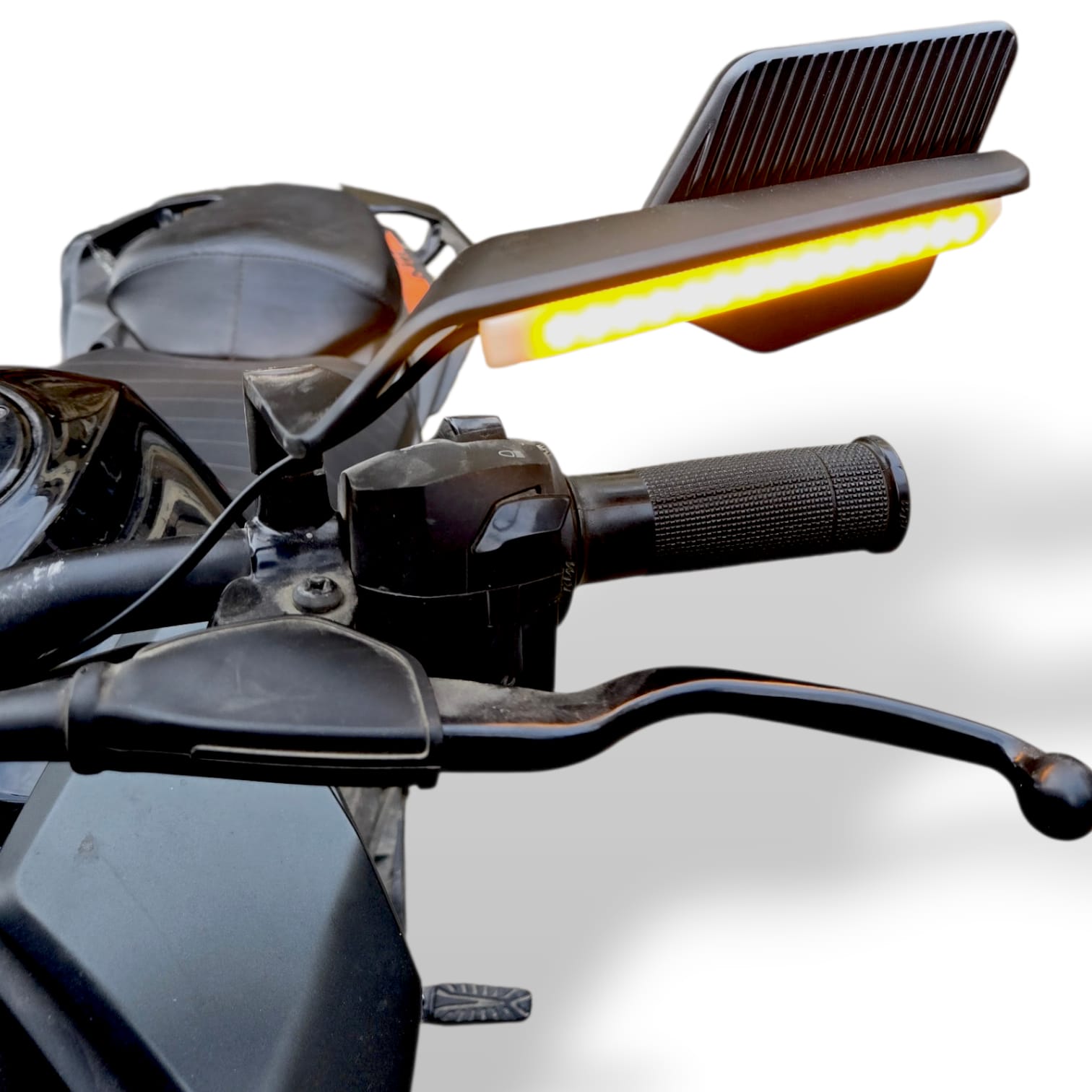 LED wing mirror installed on motorcycle showing rear view and turn signal