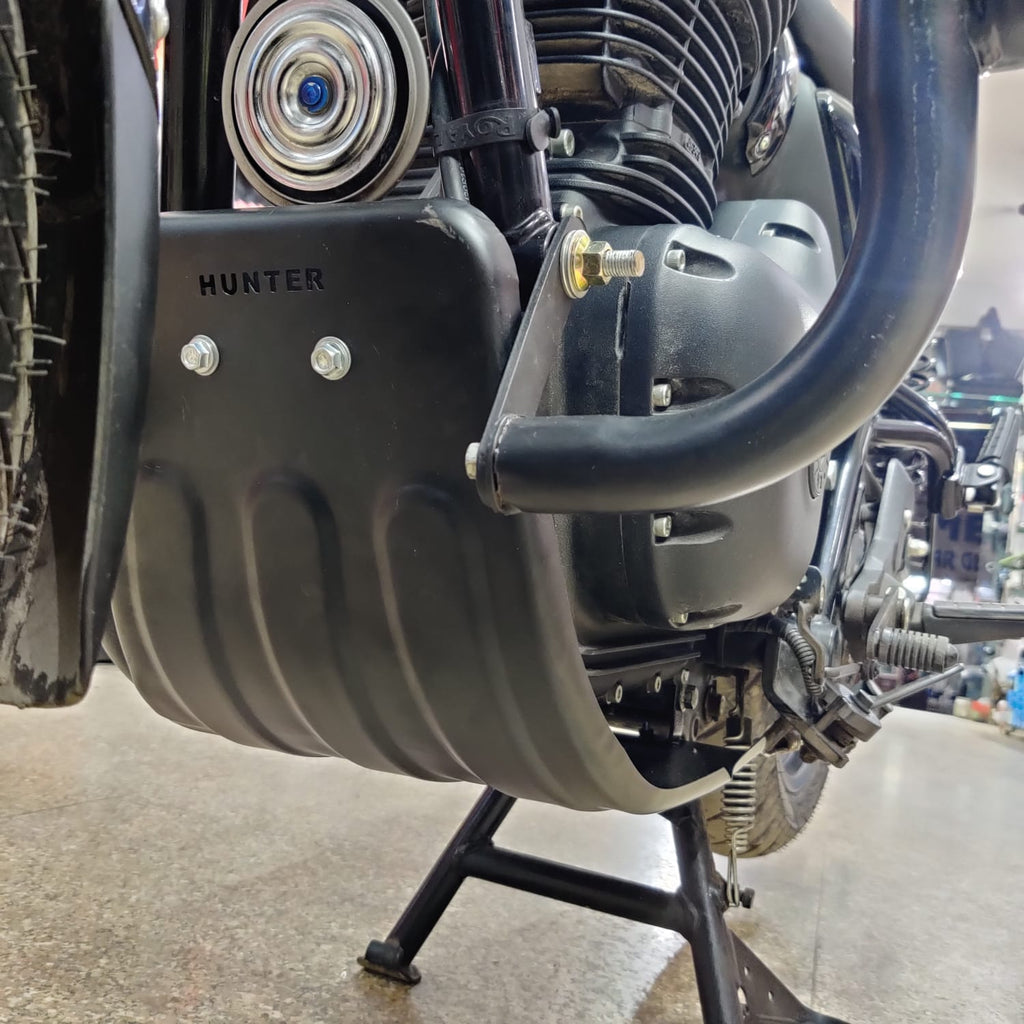 Royal Enfield Hunter 350 with engine guard on road ride