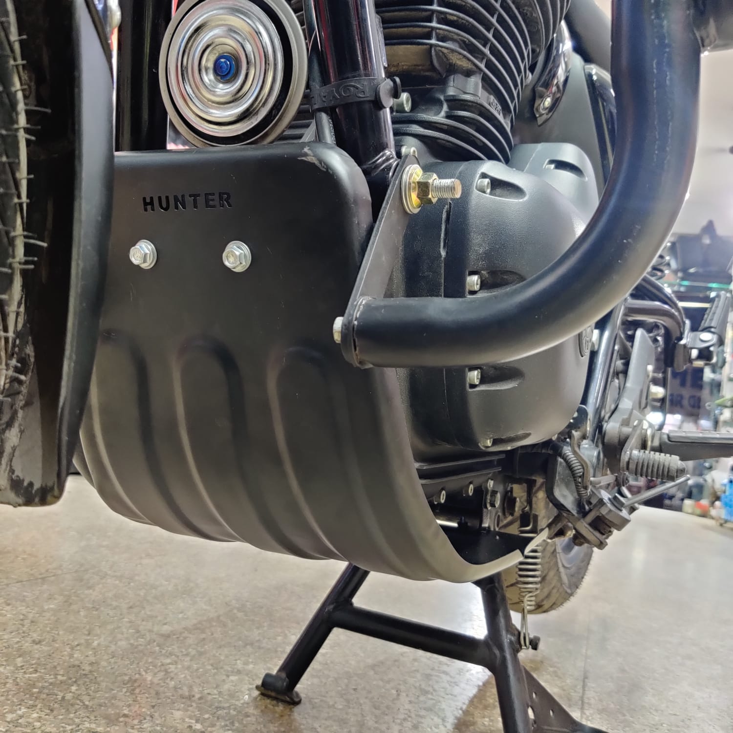 Royal Enfield Hunter 350 with engine guard on road ride